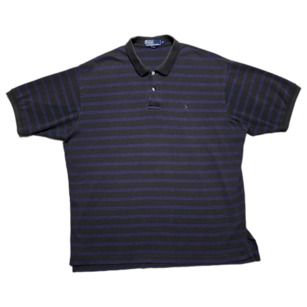Rare VTG Polo Ralph Lauren Polo Shirt Black & Purple Striped Mens XL Green Pony